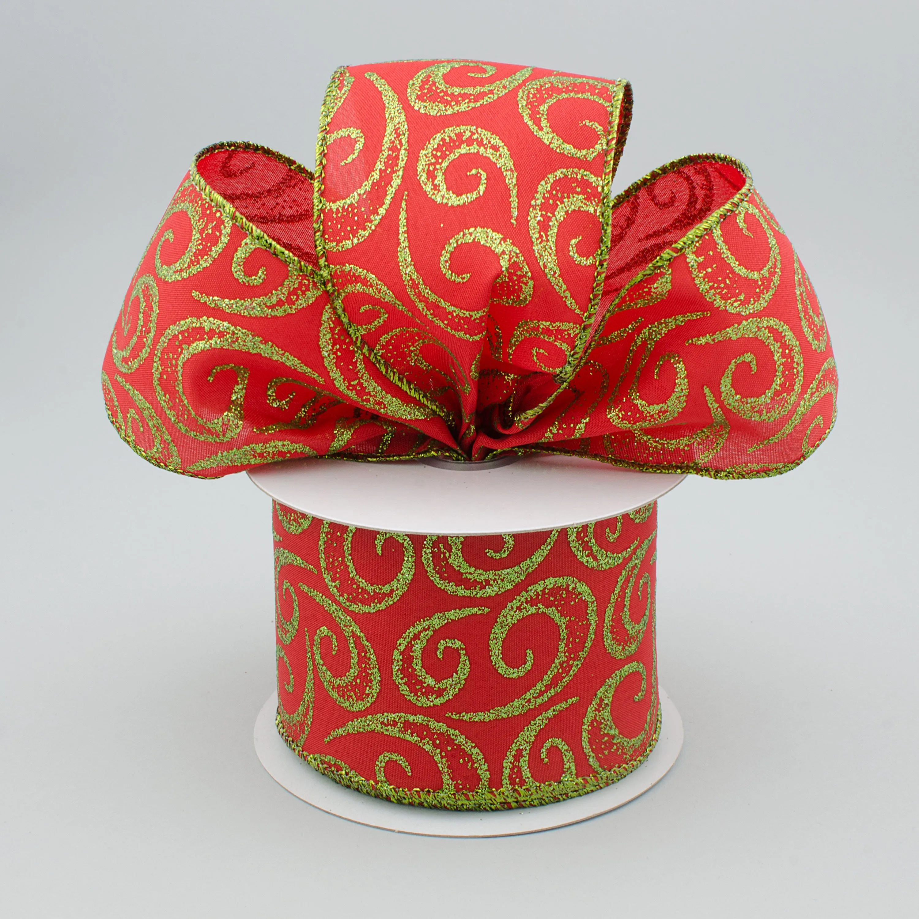 2.5" Glittered Fancy Curl Ribbon: Red & Lime Green (10 Yards)