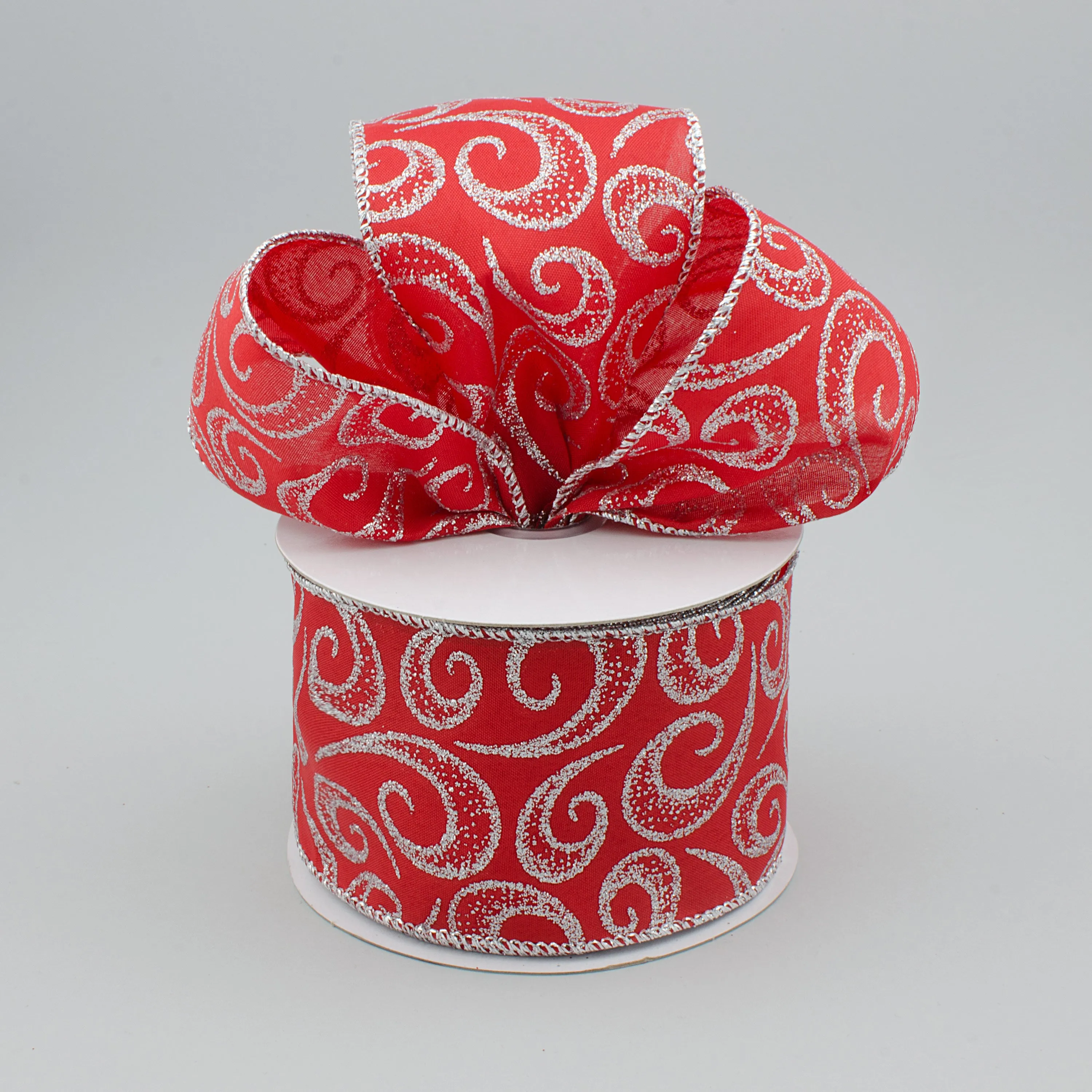2.5" Glittered Fancy Curl Ribbon: Red & Silver (10 Yards)
