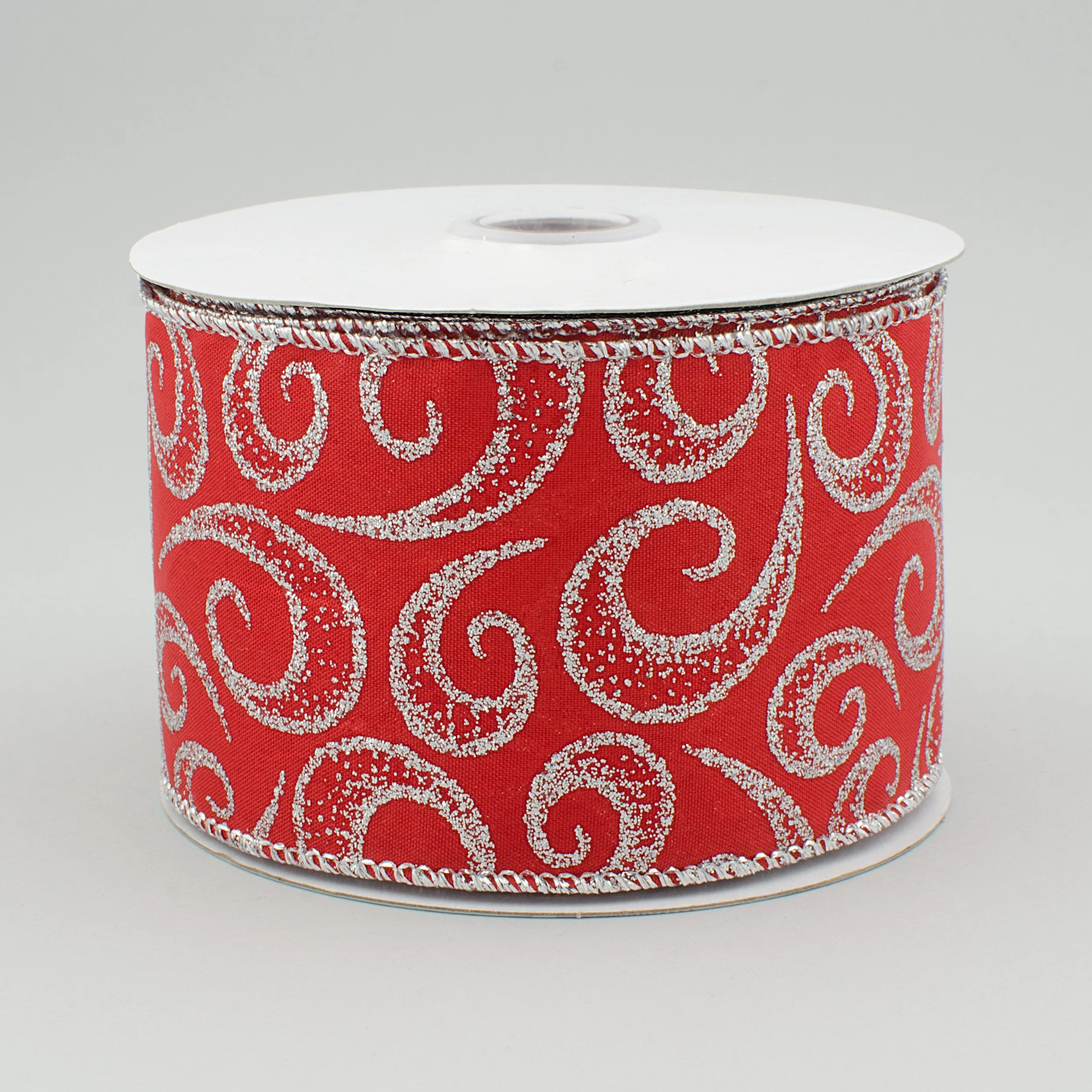2.5" Glittered Fancy Curl Ribbon: Red & Silver (10 Yards)