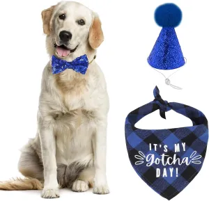 3 PCS Birthday Dog Bandana Hat Bow Tie Set - Triangle Bibs Scarf Bowtie Collar with C1 Dog Birthday Hat Gift and Party Decoration Set, Blue