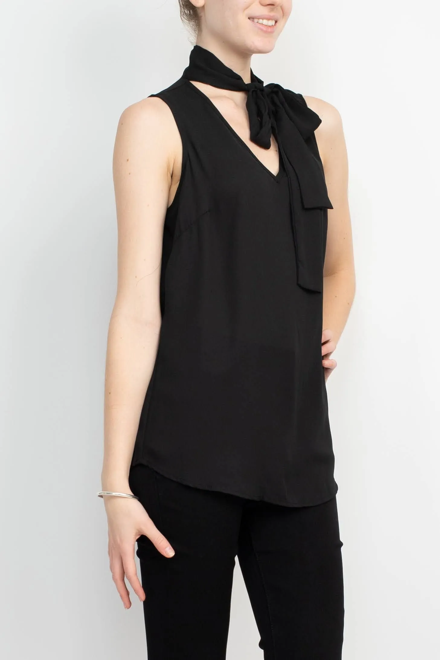 Adrianna Papell Tie Neck Sleeveless Solid Woven Poly Wash Crepe Top by Curated Brands