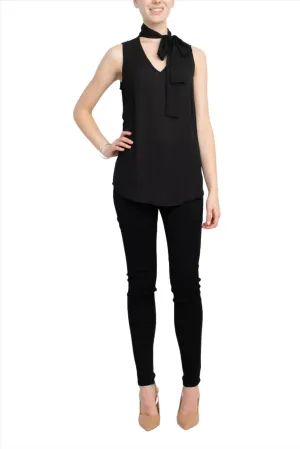 Adrianna Papell Tie Neck Sleeveless Solid Woven Poly Wash Crepe Top by Curated Brands