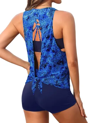 Aqua Eve 3 Piece Tankini Swimsuit for Women Tank Bathing Suit with Shorts Open Back Athletic Swimwear