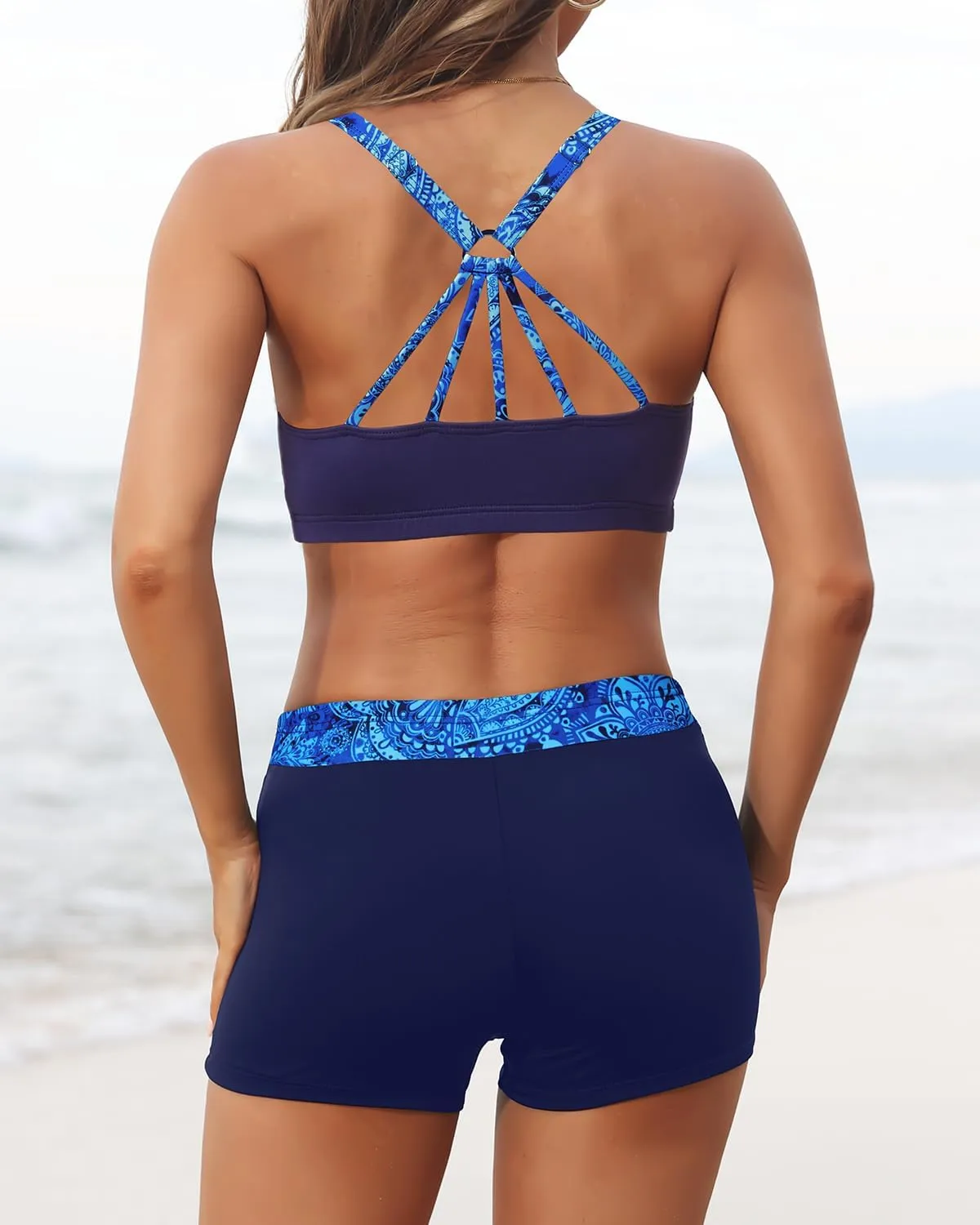 Aqua Eve 3 Piece Tankini Swimsuit for Women Tank Bathing Suit with Shorts Open Back Athletic Swimwear