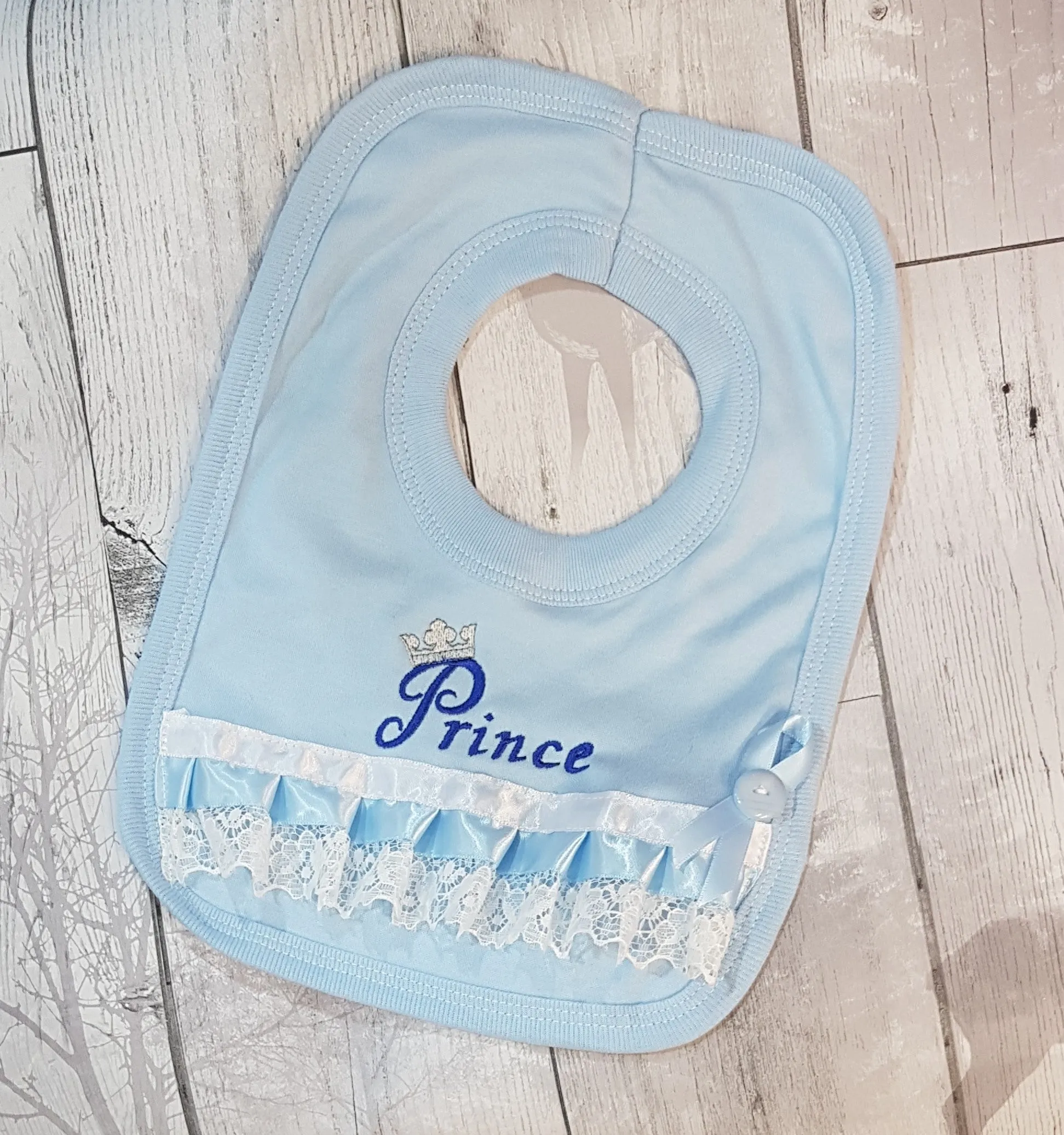 Baby Boy's Fancy Blue Prince Bib- With Lace, ribbon and bow