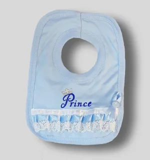 Baby Boy's Fancy Blue Prince Bib- With Lace, ribbon and bow