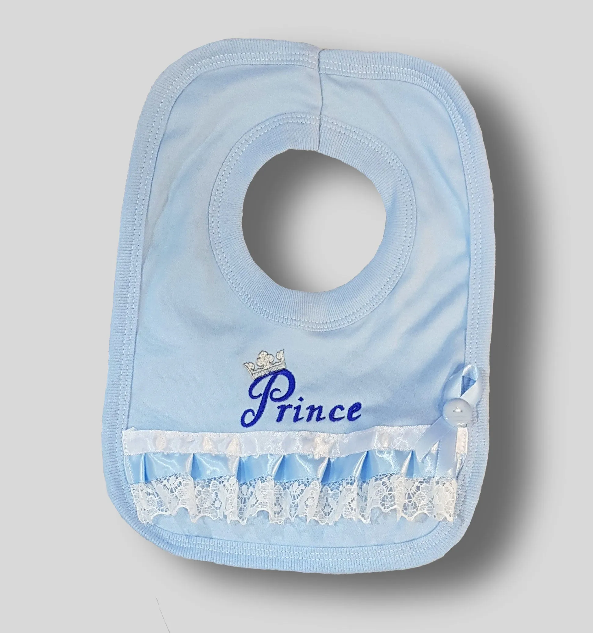 Baby Boy's Fancy Blue Prince Bib- With Lace, ribbon and bow