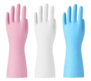 Bamllum Rubber Cleaning Gloves - 3 Pairs Latex Free Kitchen Cleaning Gloves with Cotton Liner- Household Dishwashing Gloves, Non- Slip Waterproof (Medium, Blue Pink White) Medium