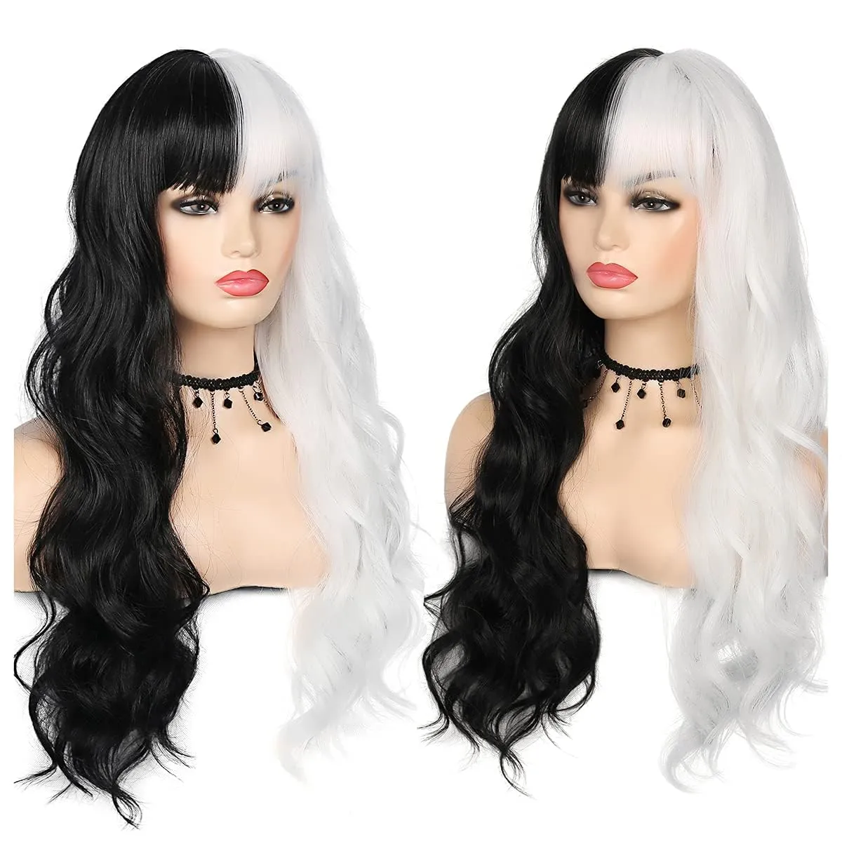 Baruisi Half Black Half White Wig Long Curly Wavy Synthetic Heat Resistant Bangs Wig for Women