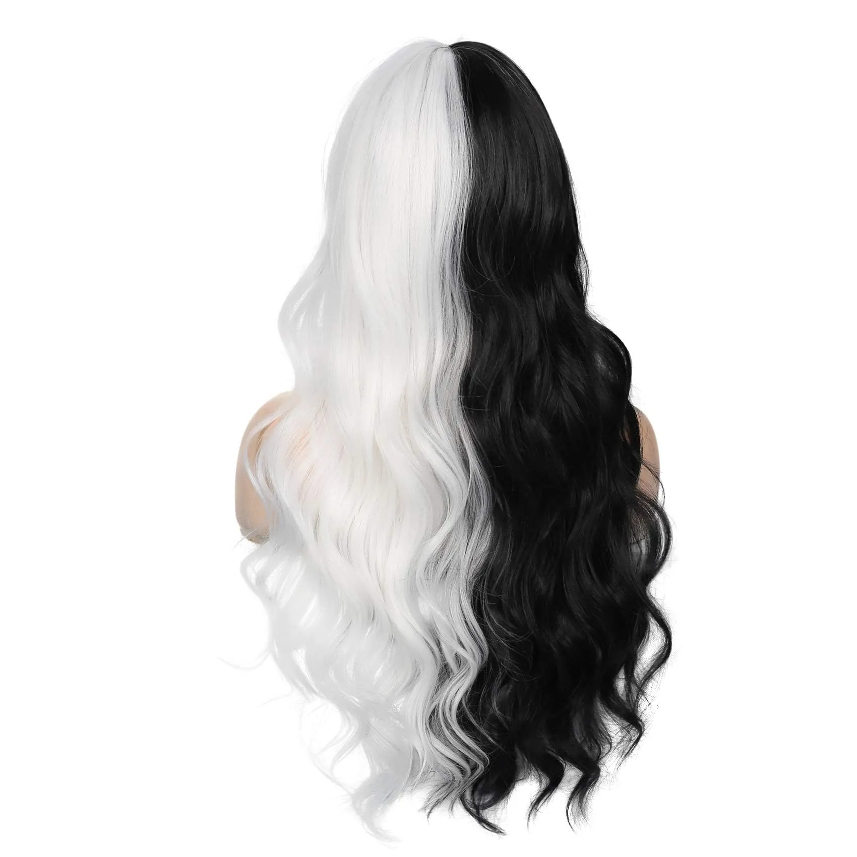 Baruisi Half Black Half White Wig Long Curly Wavy Synthetic Heat Resistant Bangs Wig for Women