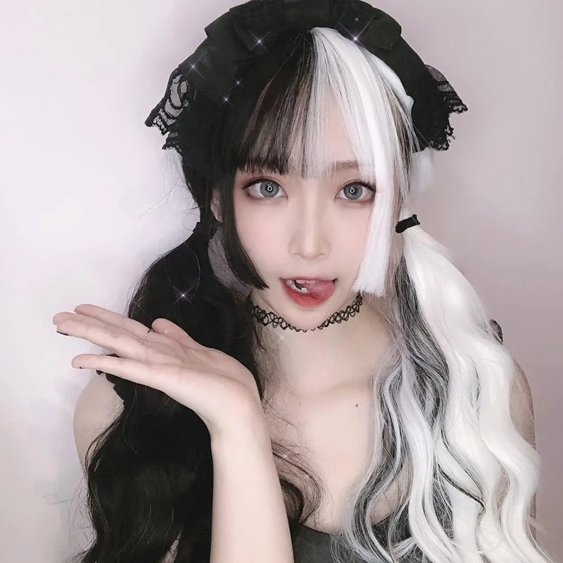 Baruisi Half Black Half White Wig Long Curly Wavy Synthetic Heat Resistant Bangs Wig for Women