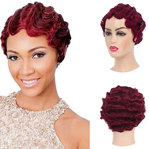 Baruisi Short Curly Nuna Wigs Pixie Wigs for Women Synthetic Finger Wave Hair Wig,Wine Red