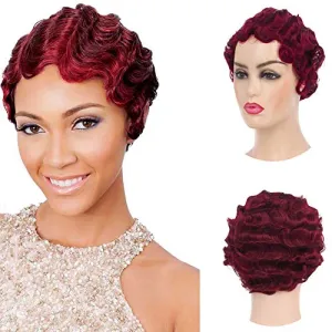 Baruisi Short Curly Nuna Wigs Pixie Wigs for Women Synthetic Finger Wave Hair Wig,Wine Red