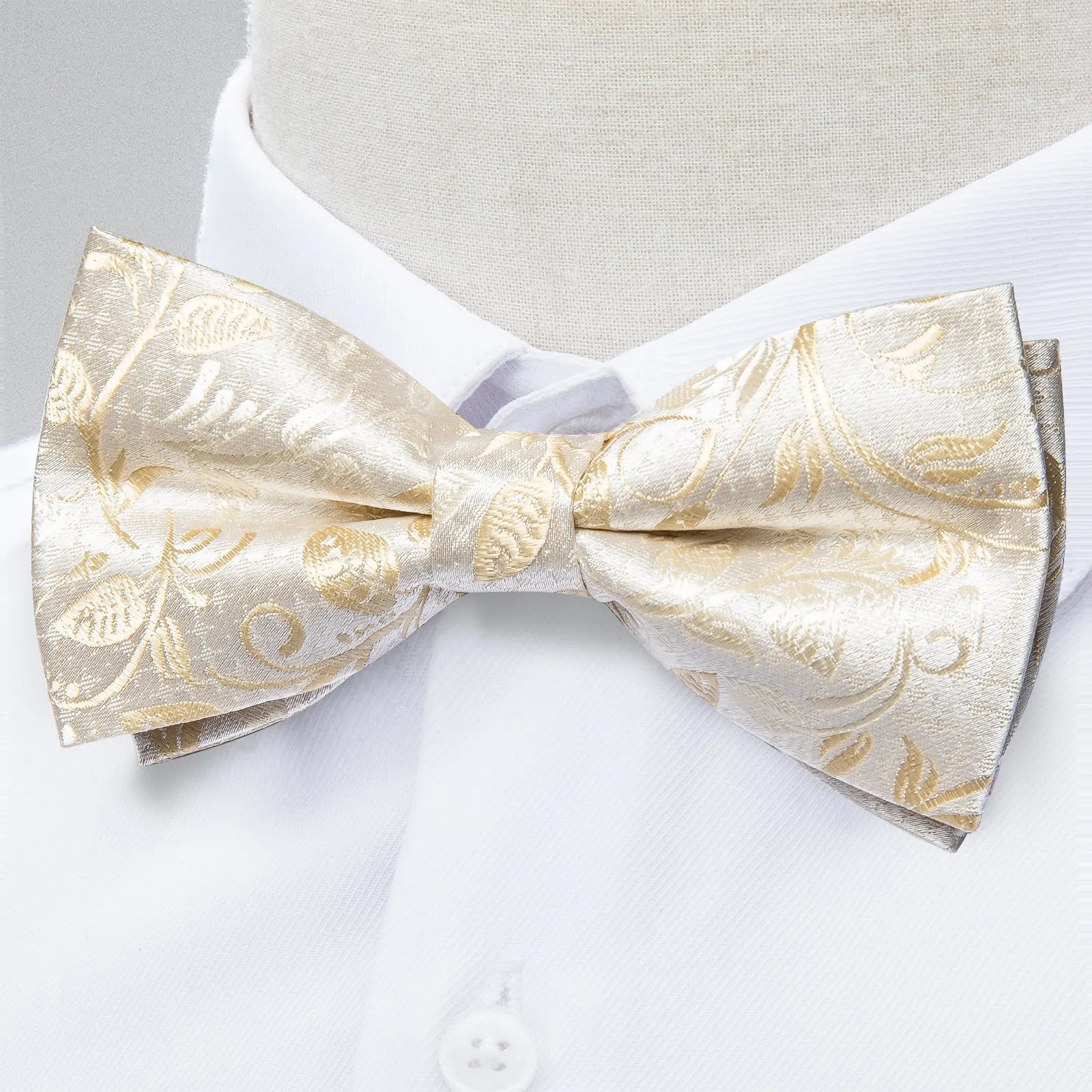 Beautiful Champagne Paisley BowTie Pocket Square Cufflinks Set