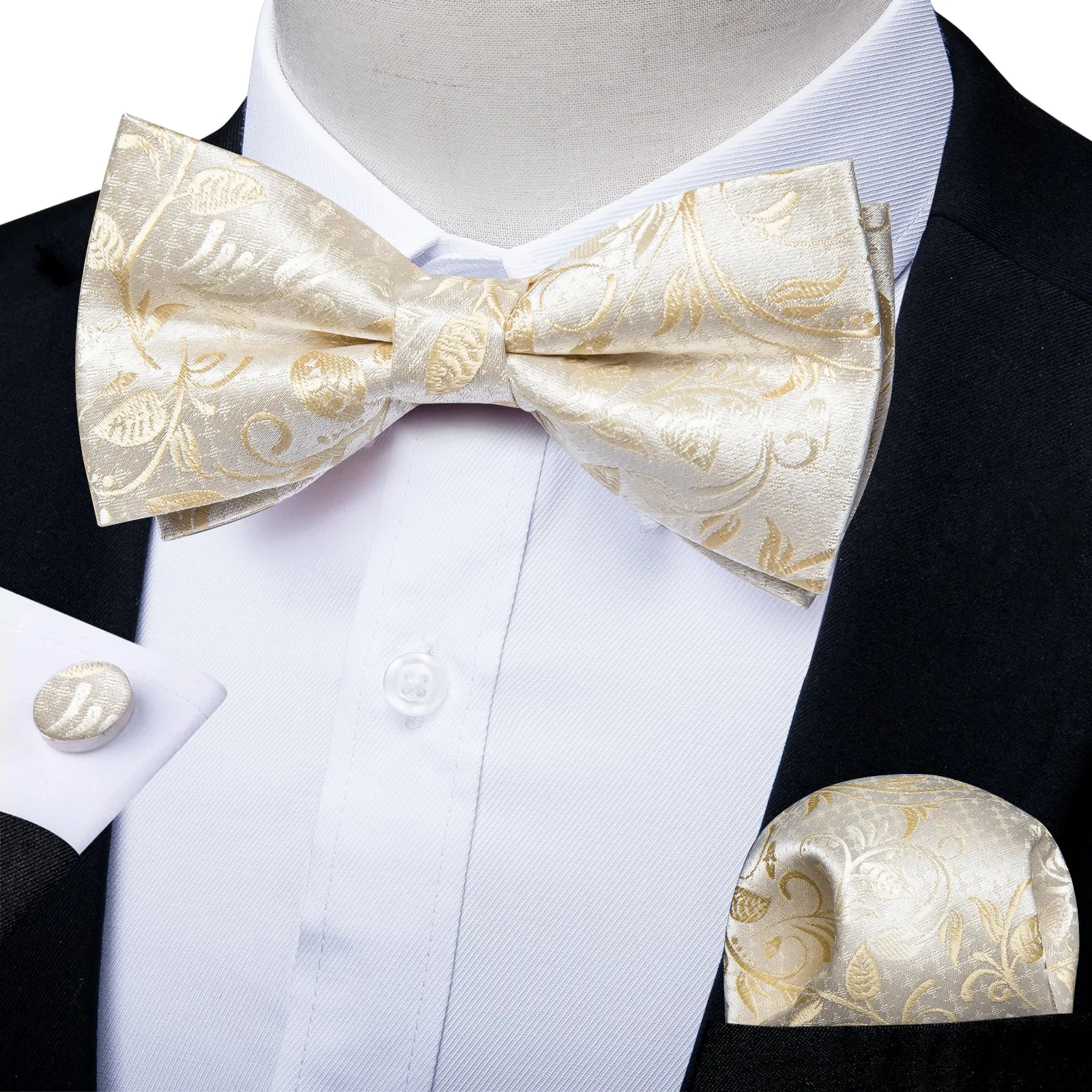 Beautiful Champagne Paisley BowTie Pocket Square Cufflinks Set
