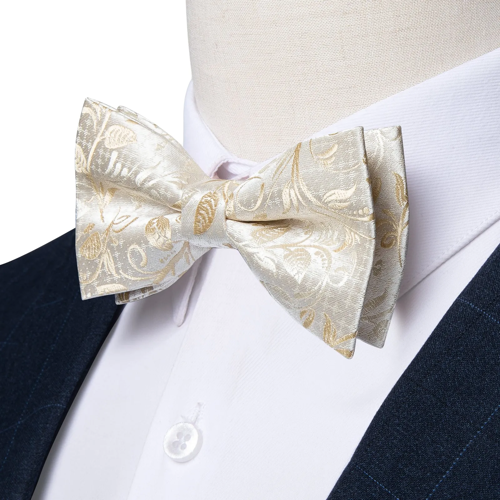 Beautiful Champagne Paisley BowTie Pocket Square Cufflinks Set