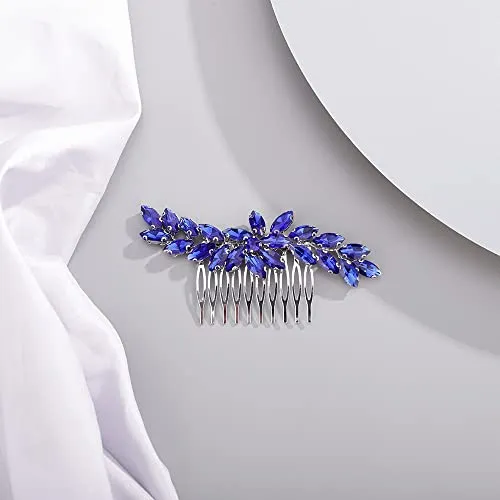 BERYUAN Crystal Flower Hair Comb for Bride Women Girls Multi-Color Hair Comb Slide BLUE