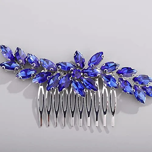 BERYUAN Crystal Flower Hair Comb for Bride Women Girls Multi-Color Hair Comb Slide BLUE