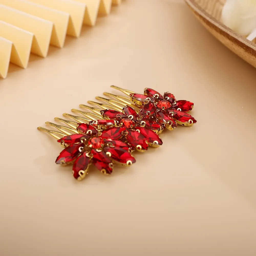 BERYUAN Crystal Flower Hair Comb for Women Girls Prom Crystals Hair Comb Wedding Headpiece for Bride Bridemaid Flower Girls RED