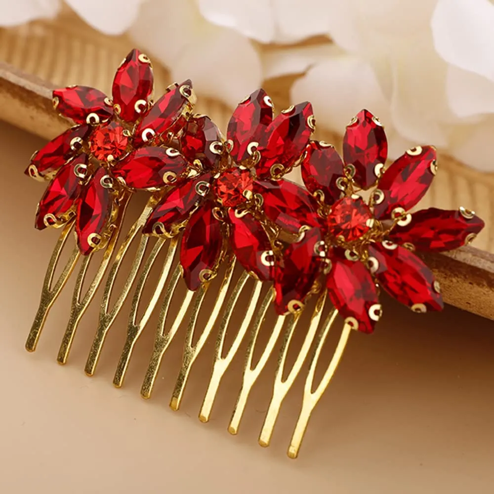BERYUAN Crystal Flower Hair Comb for Women Girls Prom Crystals Hair Comb Wedding Headpiece for Bride Bridemaid Flower Girls RED