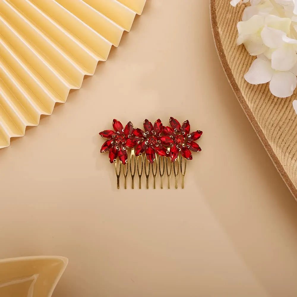 BERYUAN Crystal Flower Hair Comb for Women Girls Prom Crystals Hair Comb Wedding Headpiece for Bride Bridemaid Flower Girls RED