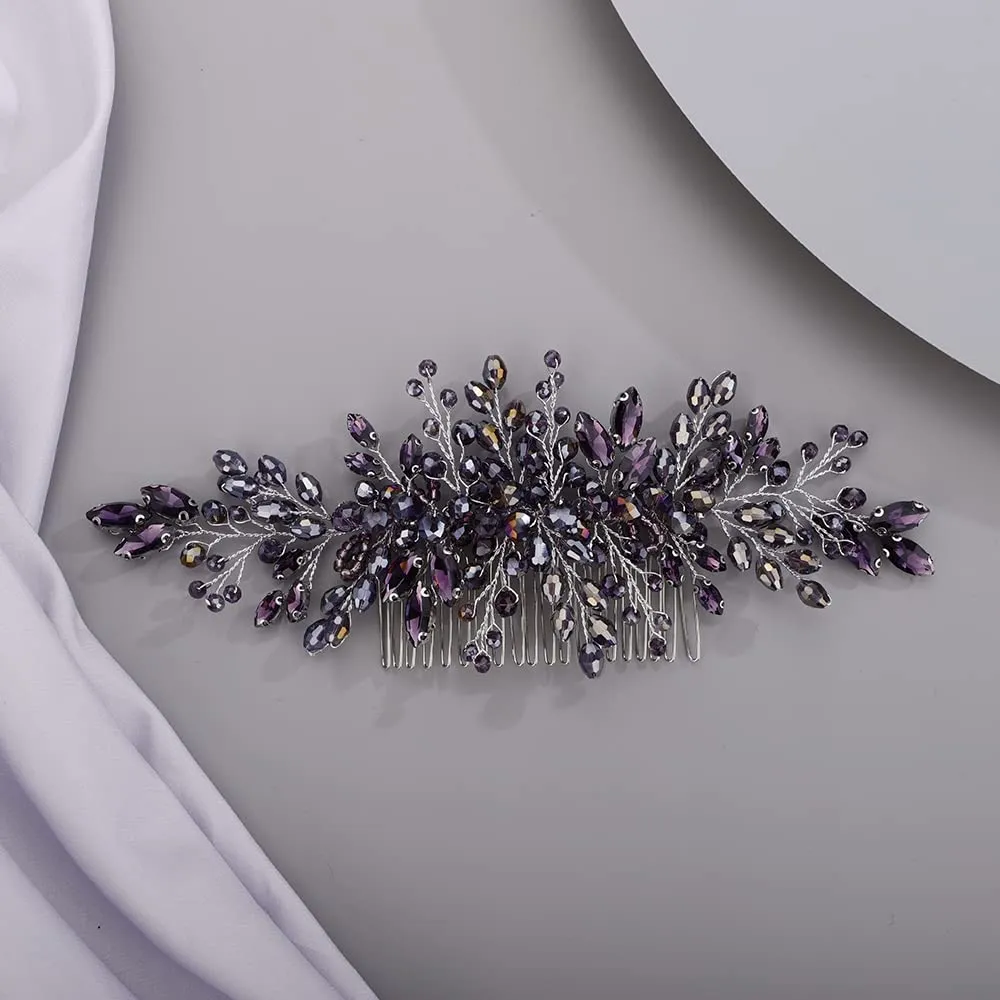 BERYUAN Crystal Hair Comb Beaded Hair Slide Comb for Bride Women Purple
