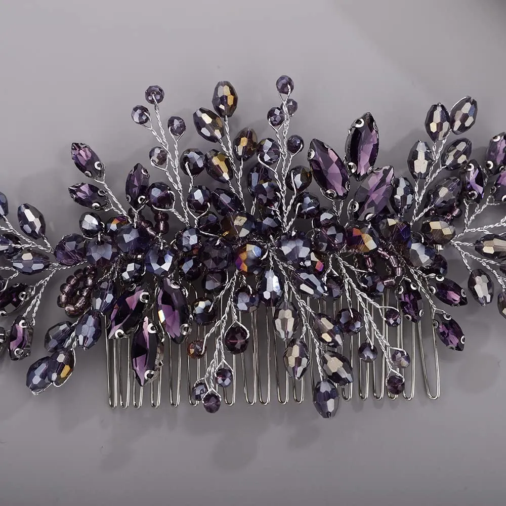 BERYUAN Crystal Hair Comb Beaded Hair Slide Comb for Bride Women Purple