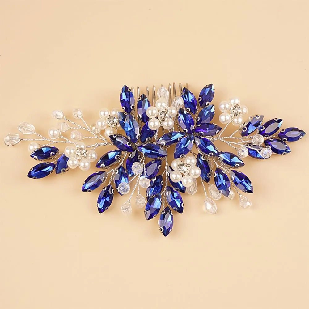 BERYUAN Crystal Rhinestone Hair Comb with Floral Accents, Bride Headpiece, Wedding Hair Accessories, Handmade Hairband for Women and Girls (blue)