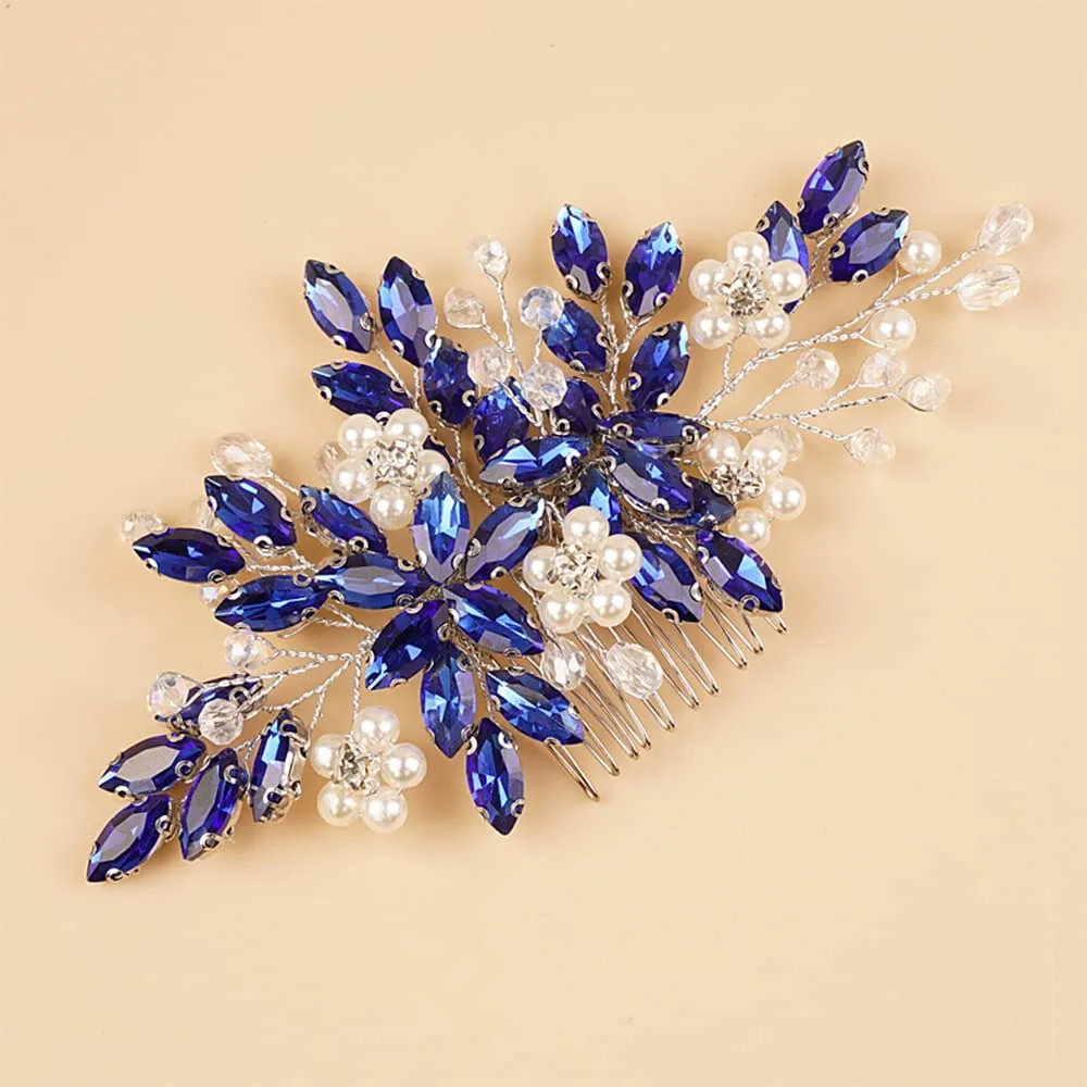BERYUAN Crystal Rhinestone Hair Comb with Floral Accents, Bride Headpiece, Wedding Hair Accessories, Handmade Hairband for Women and Girls (blue)
