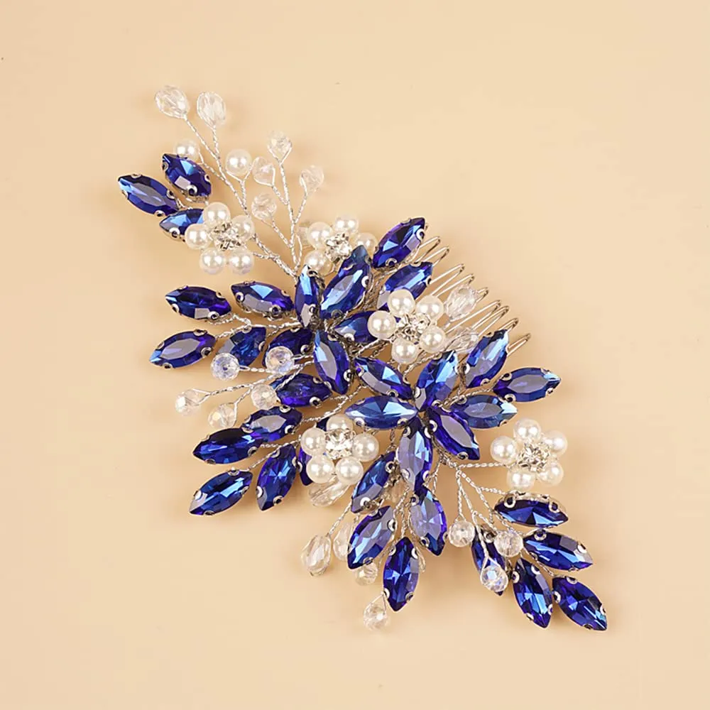 BERYUAN Crystal Rhinestone Hair Comb with Floral Accents, Bride Headpiece, Wedding Hair Accessories, Handmade Hairband for Women and Girls (blue)