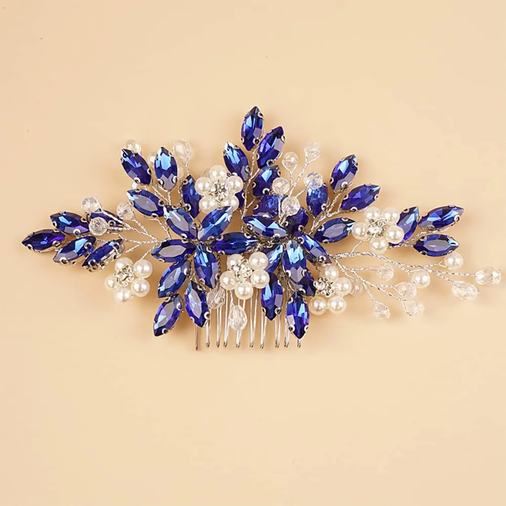 BERYUAN Crystal Rhinestone Hair Comb with Floral Accents, Bride Headpiece, Wedding Hair Accessories, Handmade Hairband for Women and Girls (blue)