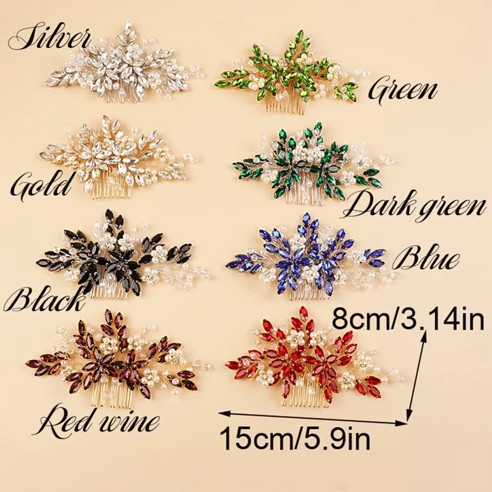 BERYUAN Crystal Rhinestone Hair Comb with Floral Accents, Bride Headpiece, Wedding Hair Accessories, Handmade Hairband for Women and Girls (blue)