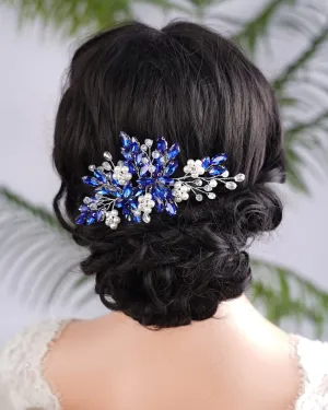 BERYUAN Crystal Rhinestone Hair Comb with Floral Accents, Bride Headpiece, Wedding Hair Accessories, Handmade Hairband for Women and Girls (blue)