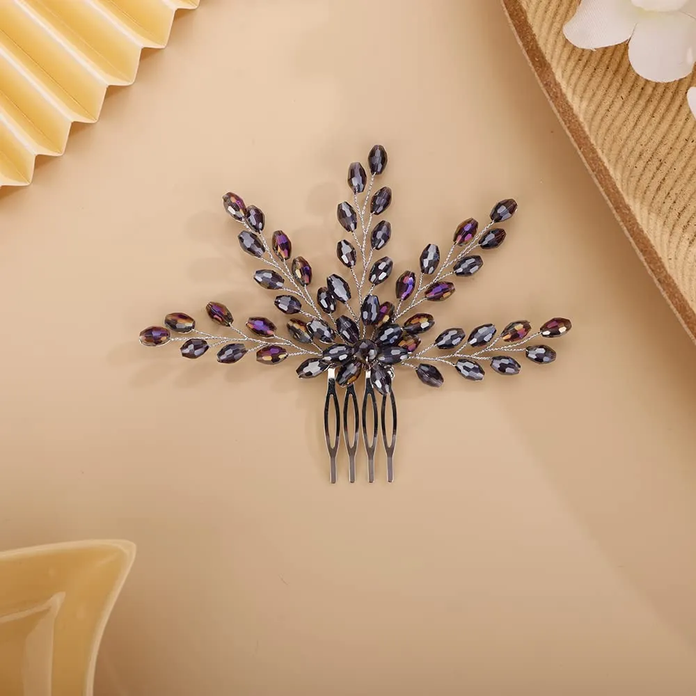 BERYUAN Cute Crystal Comb for Bride Beads Hair Comb for Women Girls Purple