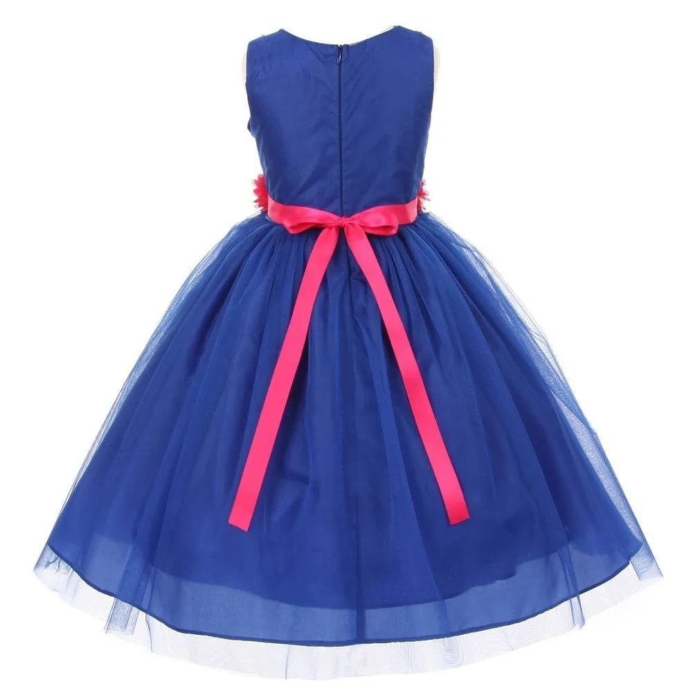 Big Girls Royal Blue Fuchsia Chiffon Flowers Tulle Junior Bridesmaid Dress 8-14