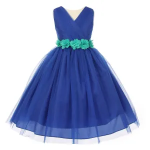 Big Girls Royal Blue Jade Chiffon Flowers Tulle Junior Bridesmaid Dress 8-14