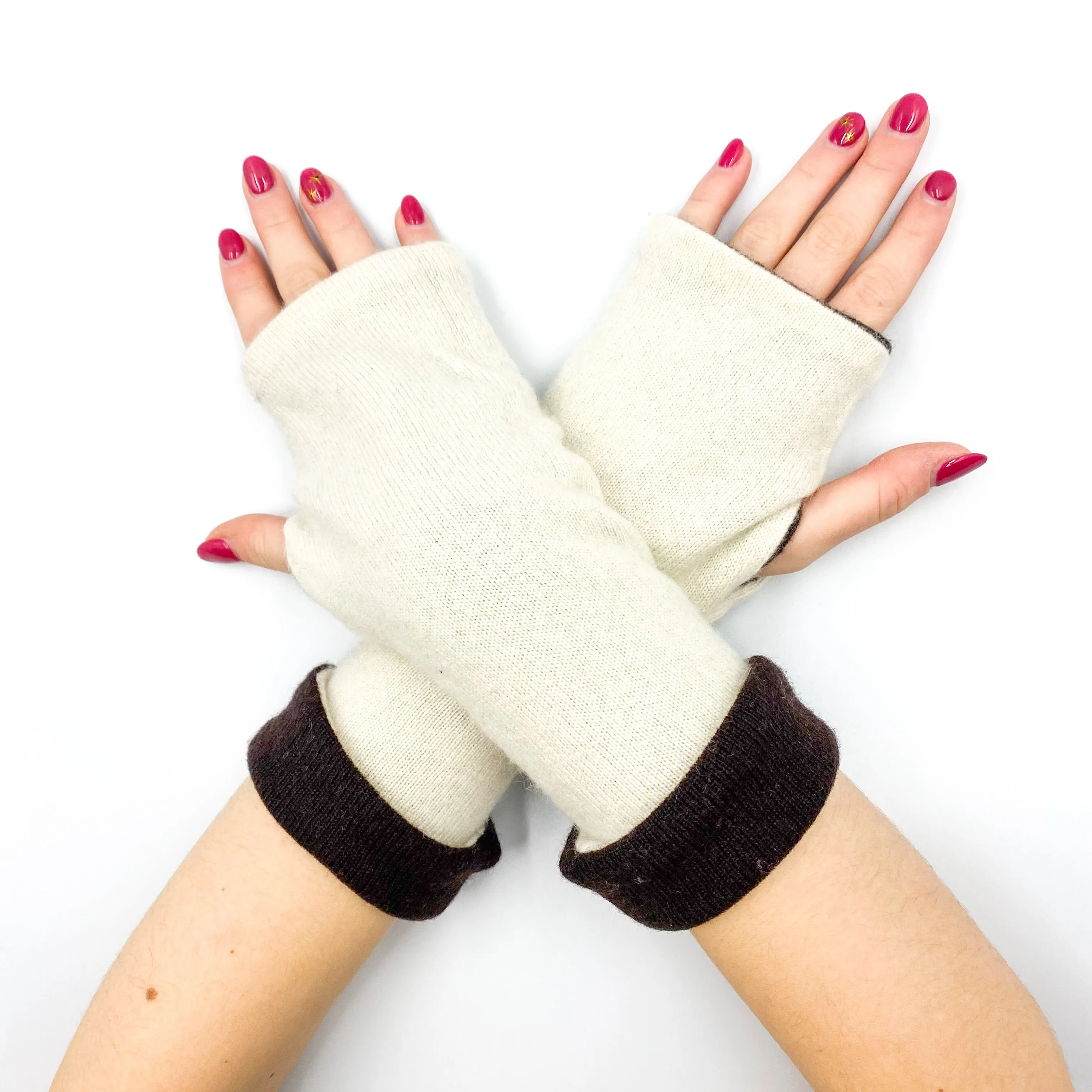 Bitter Chocolate and Cream Luxury Reversible Cashmere Fingerless Gloves