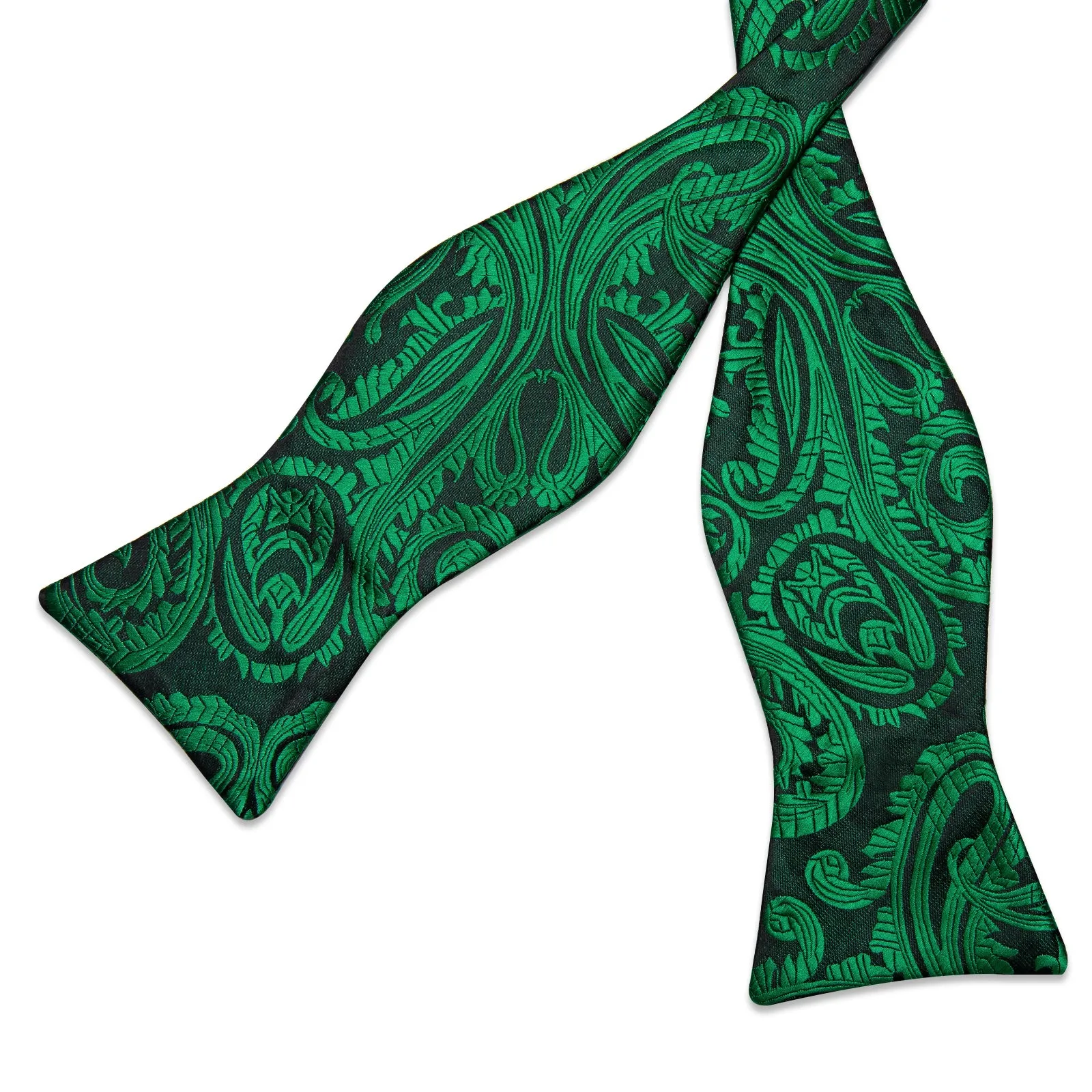 Black Green Floral Silk Bowtie Pocket Square Cufflinks Set