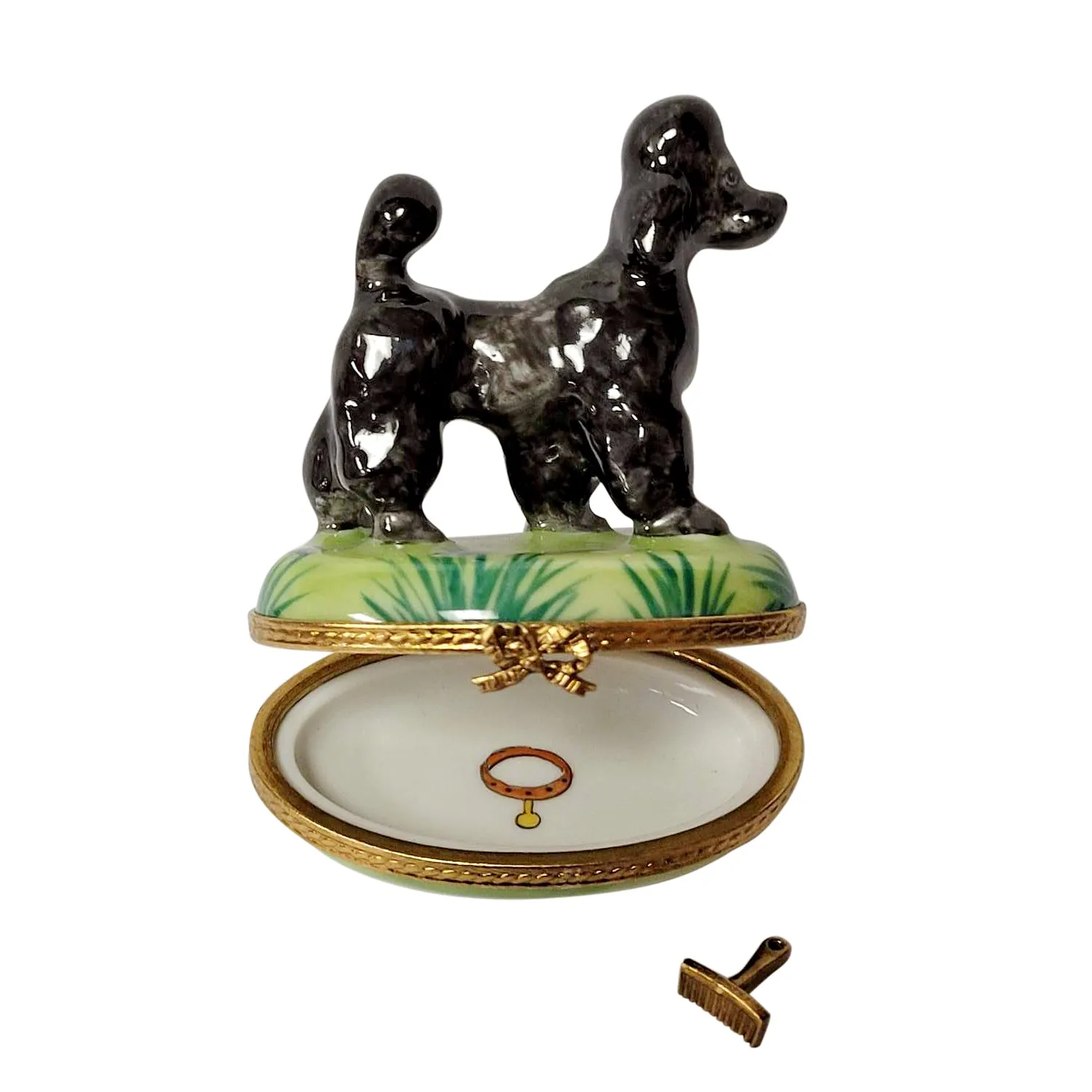 Black Poodle with Removable Grooming Tool Limoges Porcelain Box