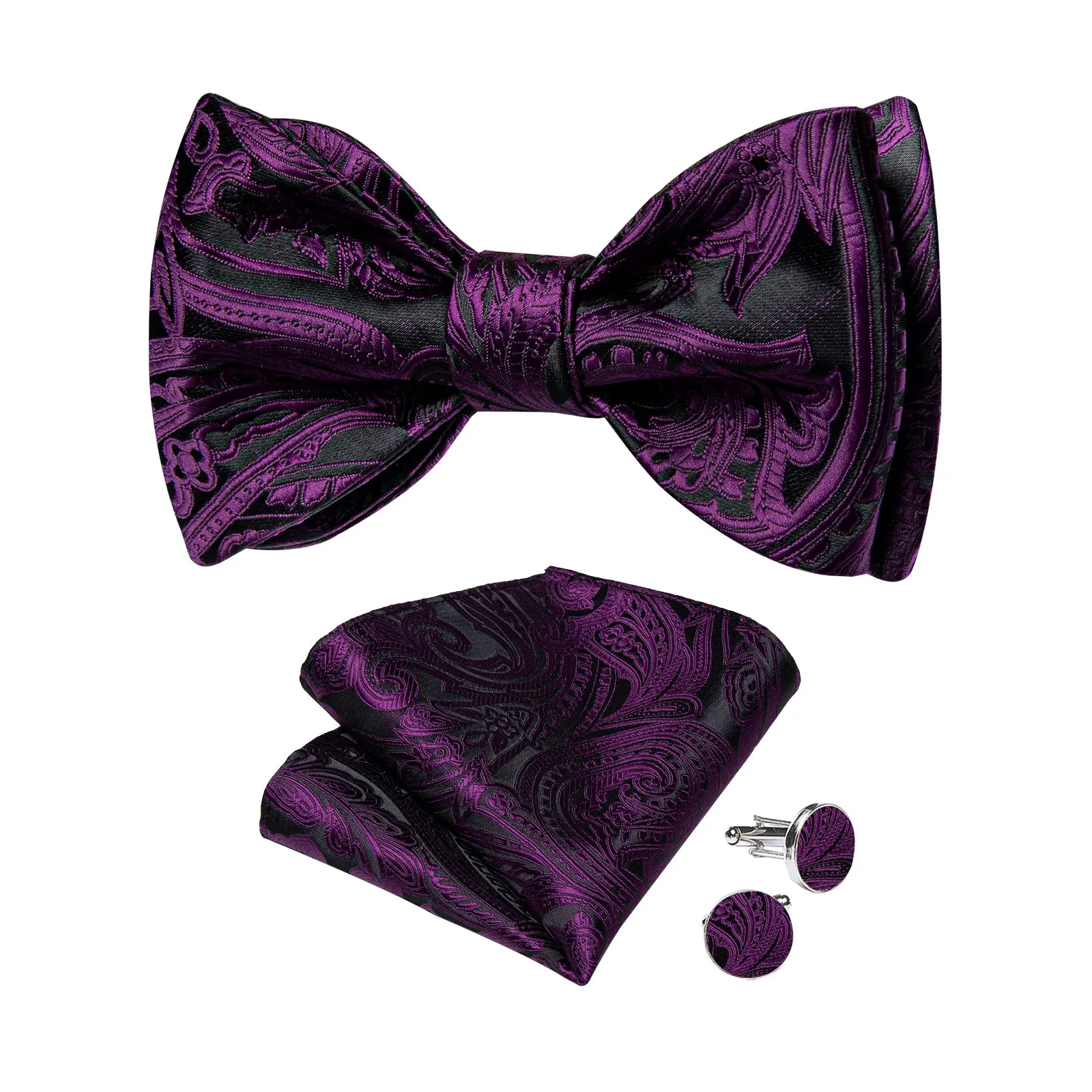 Black Purple Floral Silk Bowtie Pocket Square Cufflinks Set