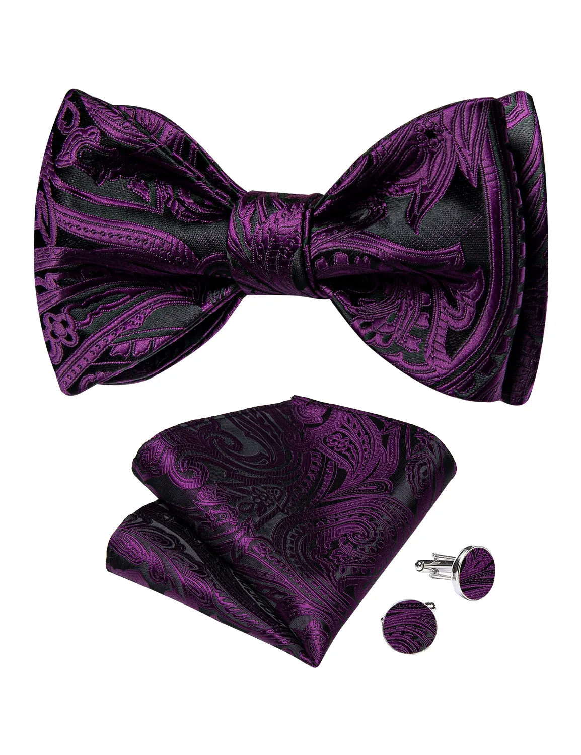 Black Purple Floral Silk Bowtie Pocket Square Cufflinks Set