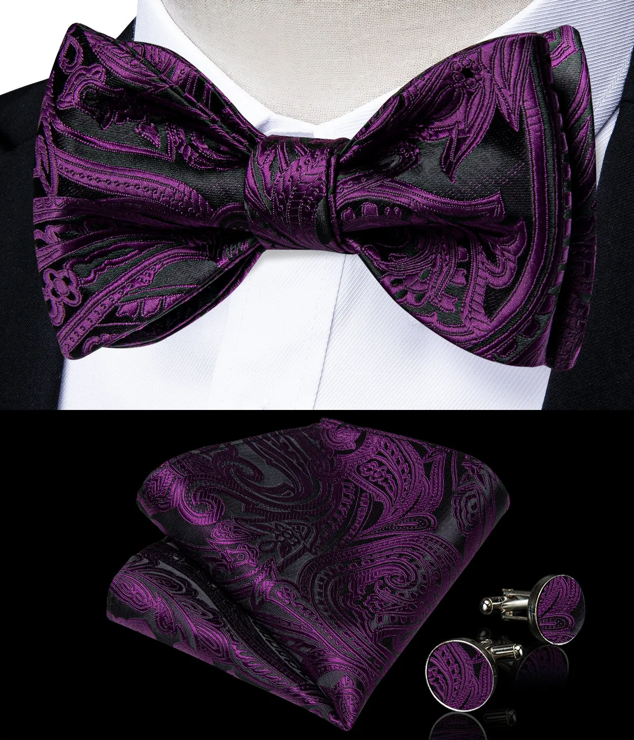 Black Purple Floral Silk Bowtie Pocket Square Cufflinks Set