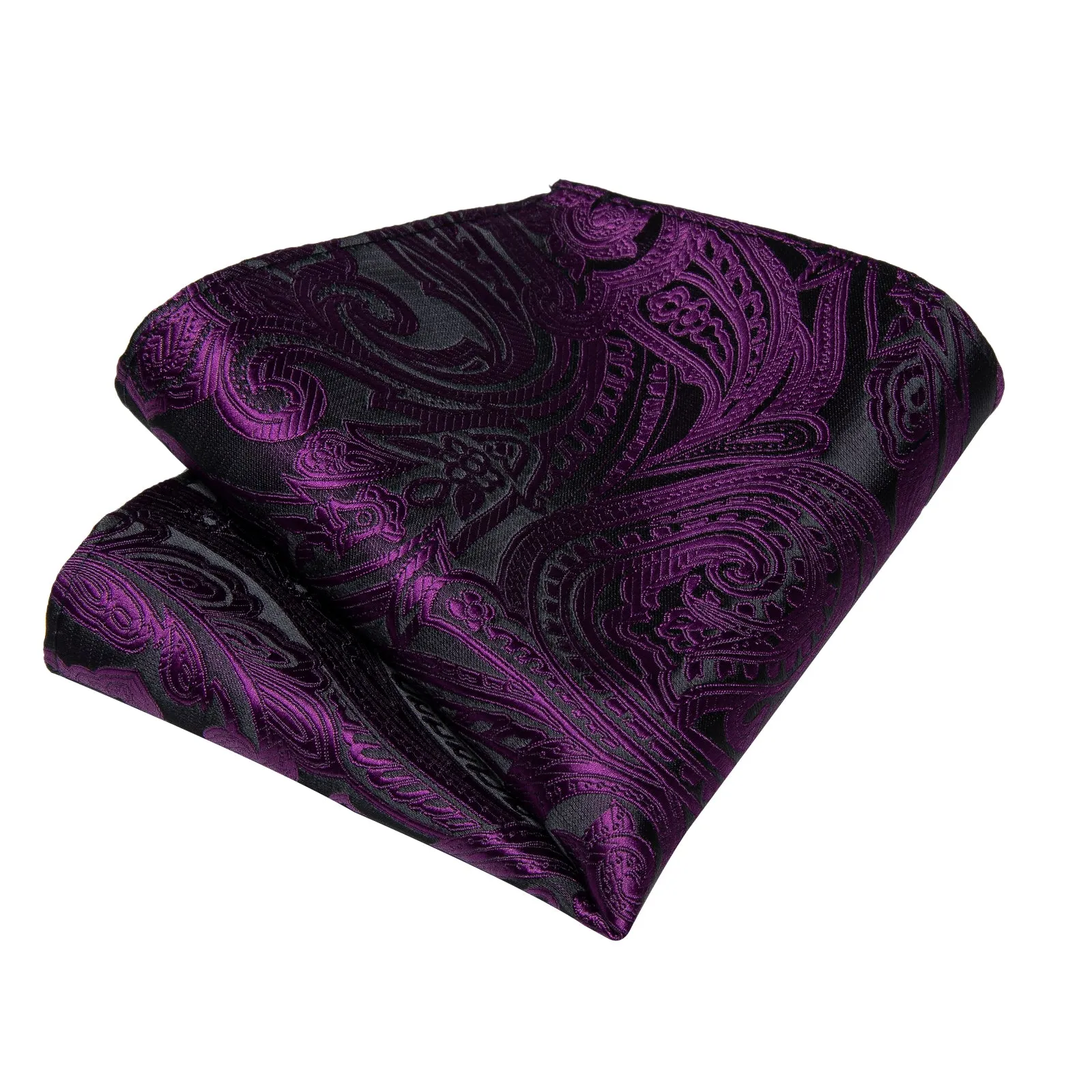 Black Purple Floral Silk Bowtie Pocket Square Cufflinks Set