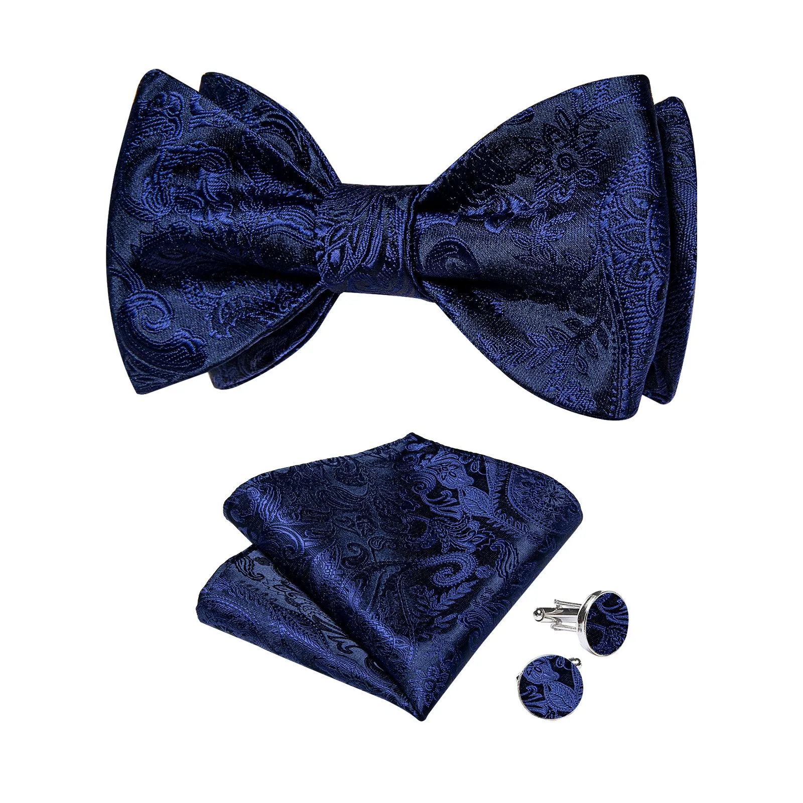 Blue Floral Self-Bowtie Pocket Square Cufflinks Set