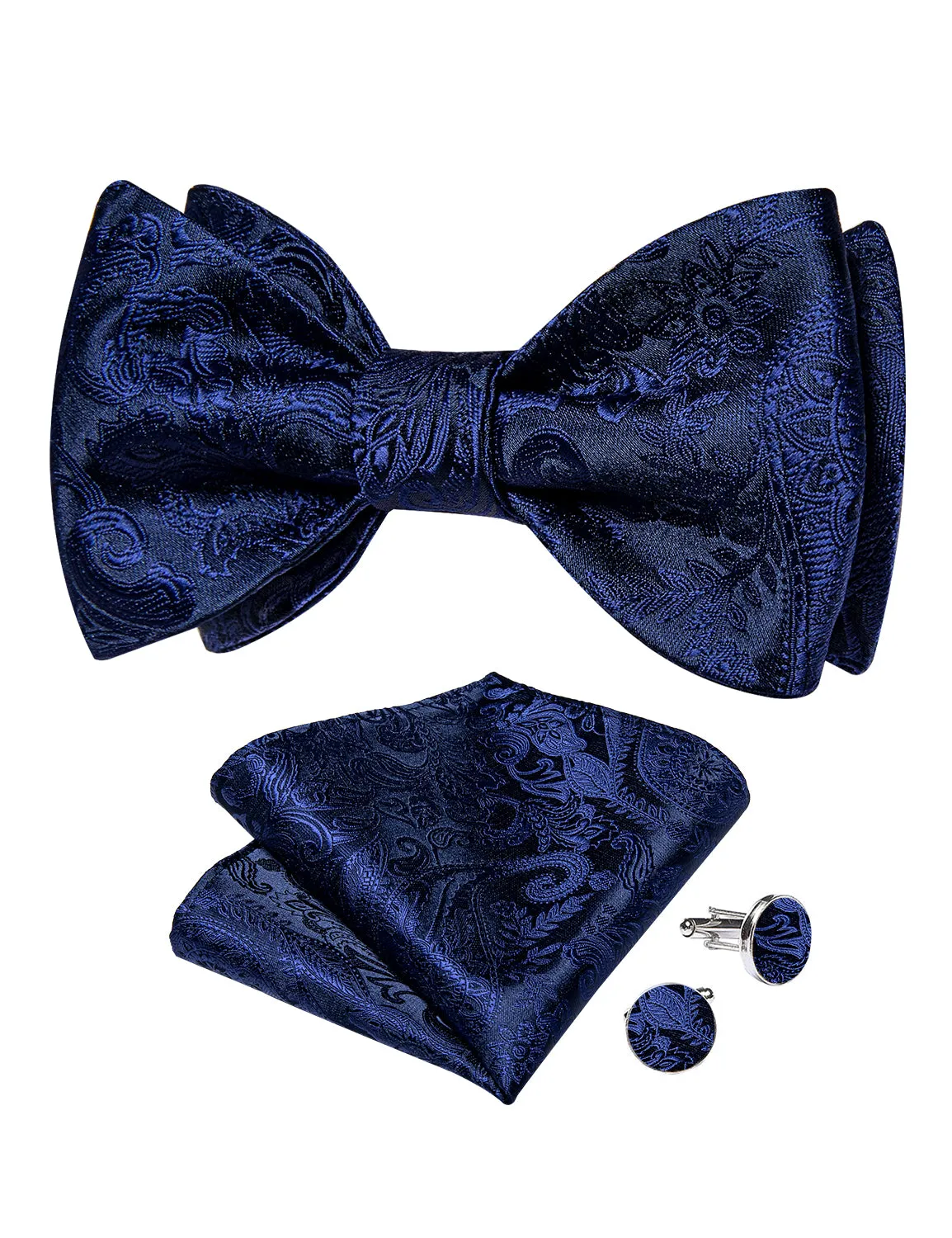 Blue Floral Self-Bowtie Pocket Square Cufflinks Set