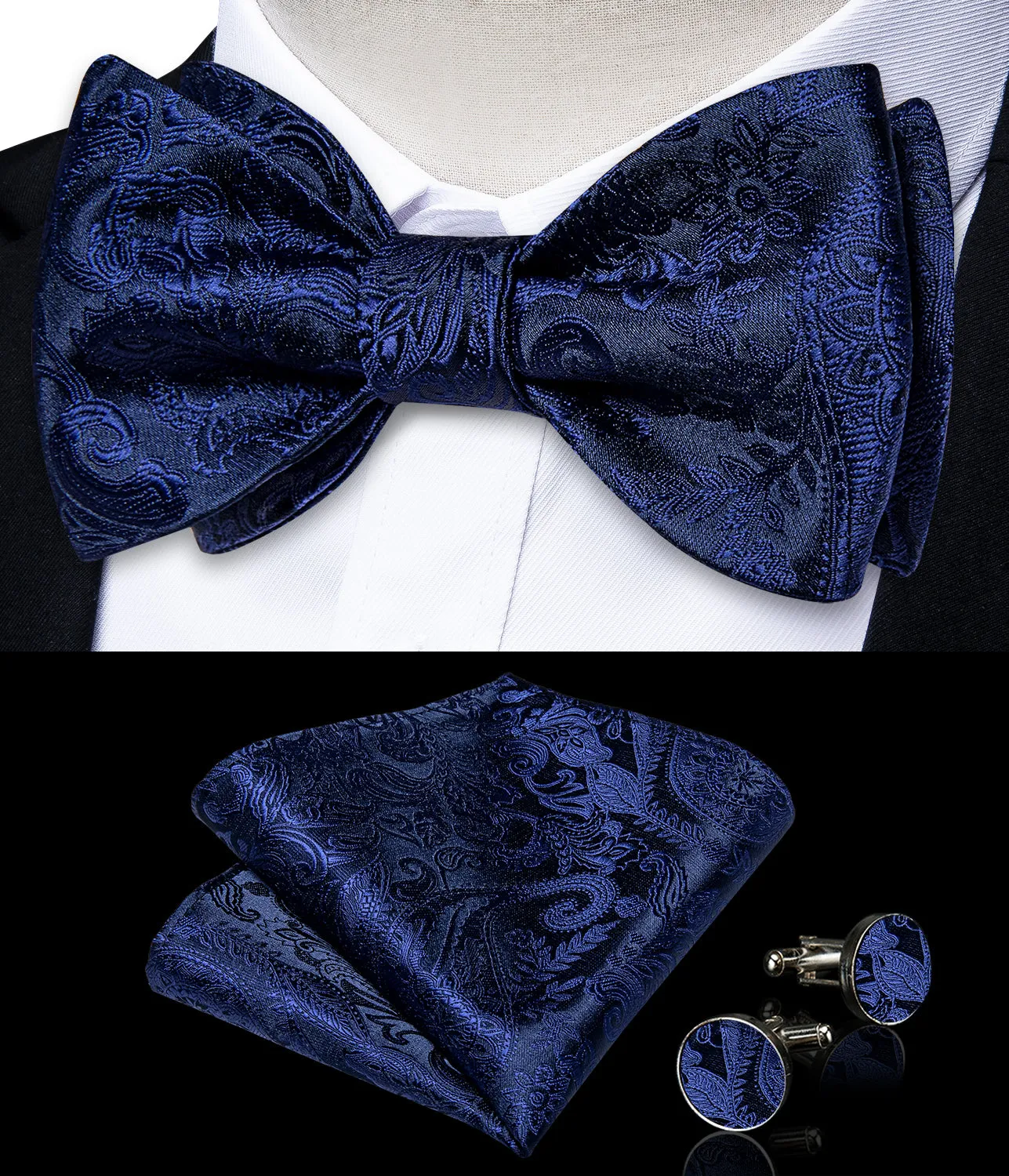 Blue Floral Self-Bowtie Pocket Square Cufflinks Set