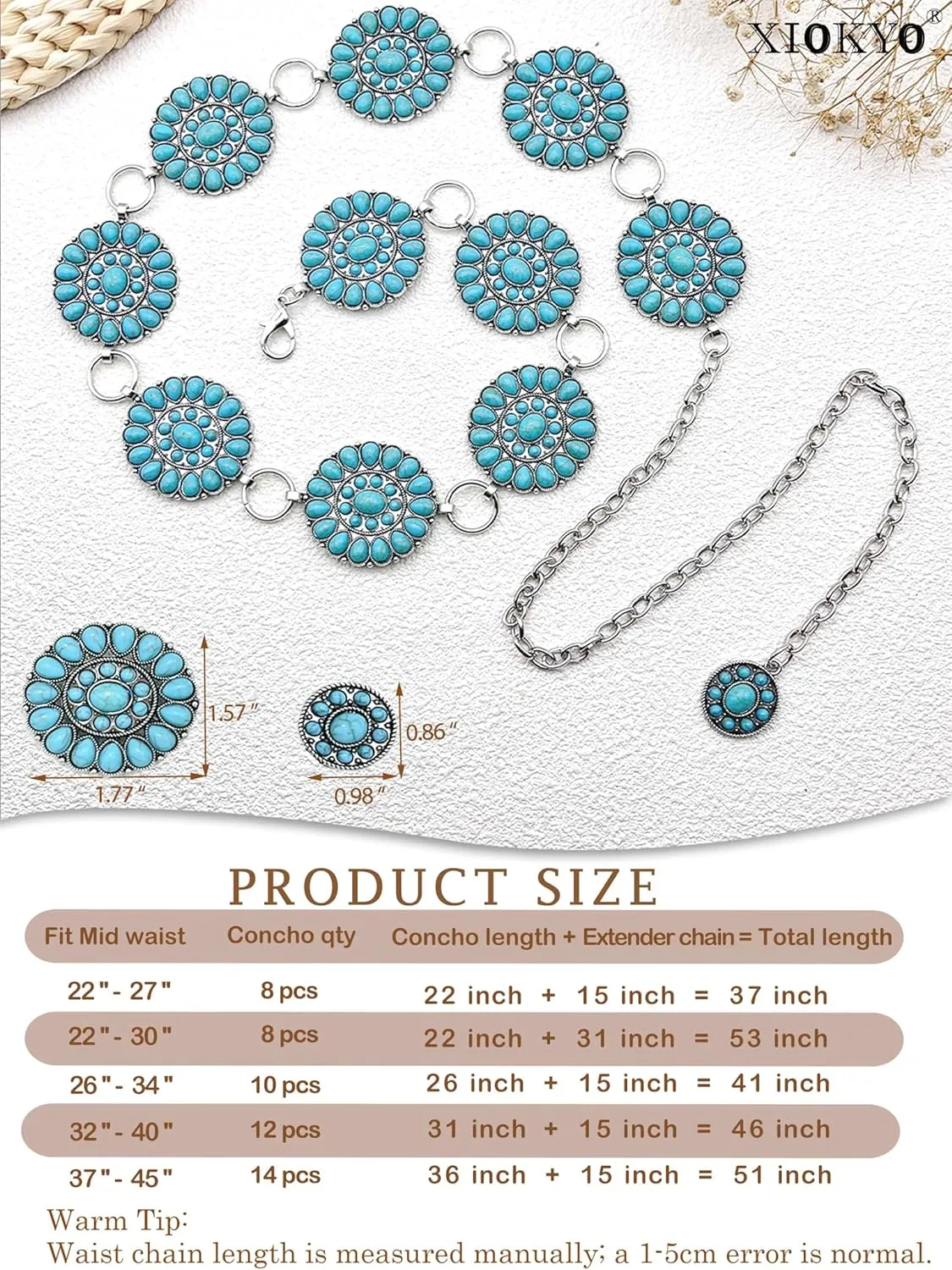 Boho Turquoise Concho Belt Silver Metal Western Turquoise Belts Waist Chain Belt for Women Dress