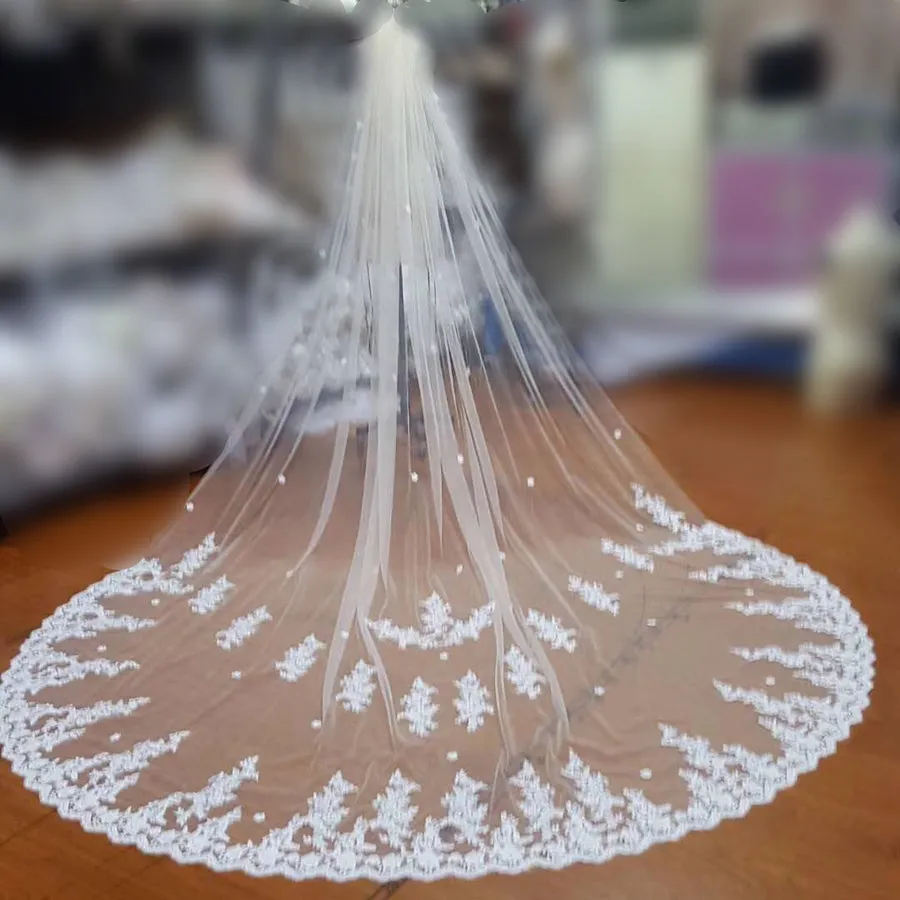 Charming Tulle Lace Applique Chapel Veils Long Wedding Veil V19
