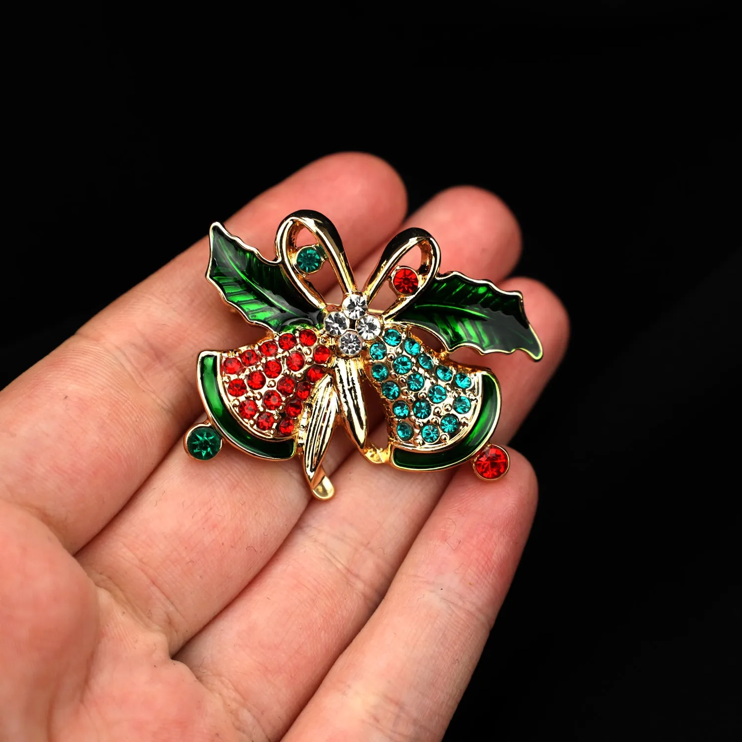 Christmas bells - brooch with cubic zirconia
