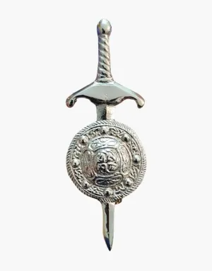 CHROME SWORD KILT PIN WITH DESIGN OF CELTIC SHIELD